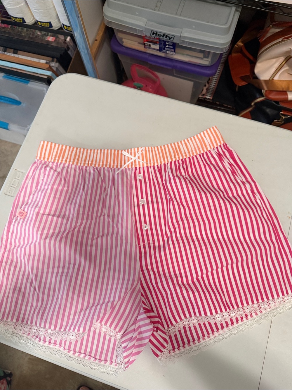 Simply Southern Pink & Orange Striped Women’s Lounge Shorts with Lace Trim